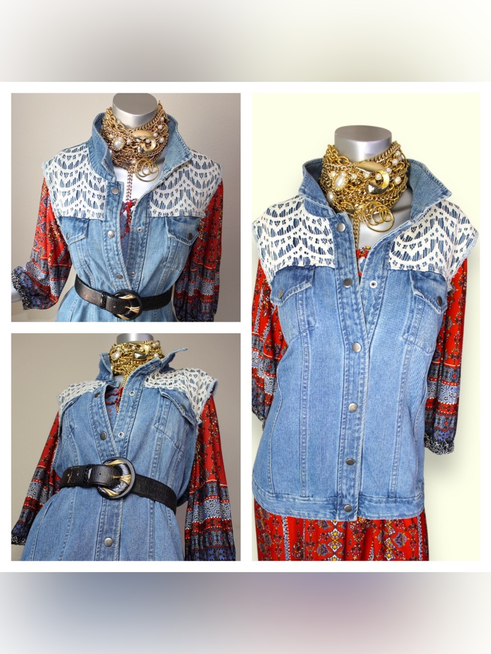 new directions Cotton Denim Vest with White Lace Trim - Blue
